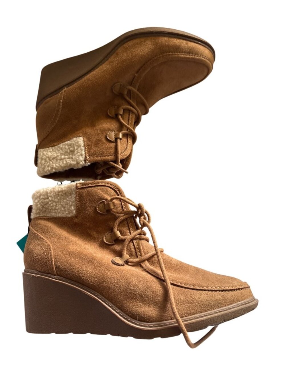 Faux Fur Lace-Up Wedge Booties Size 9.5 New With Tags Mad Love Kenzie Cognac
